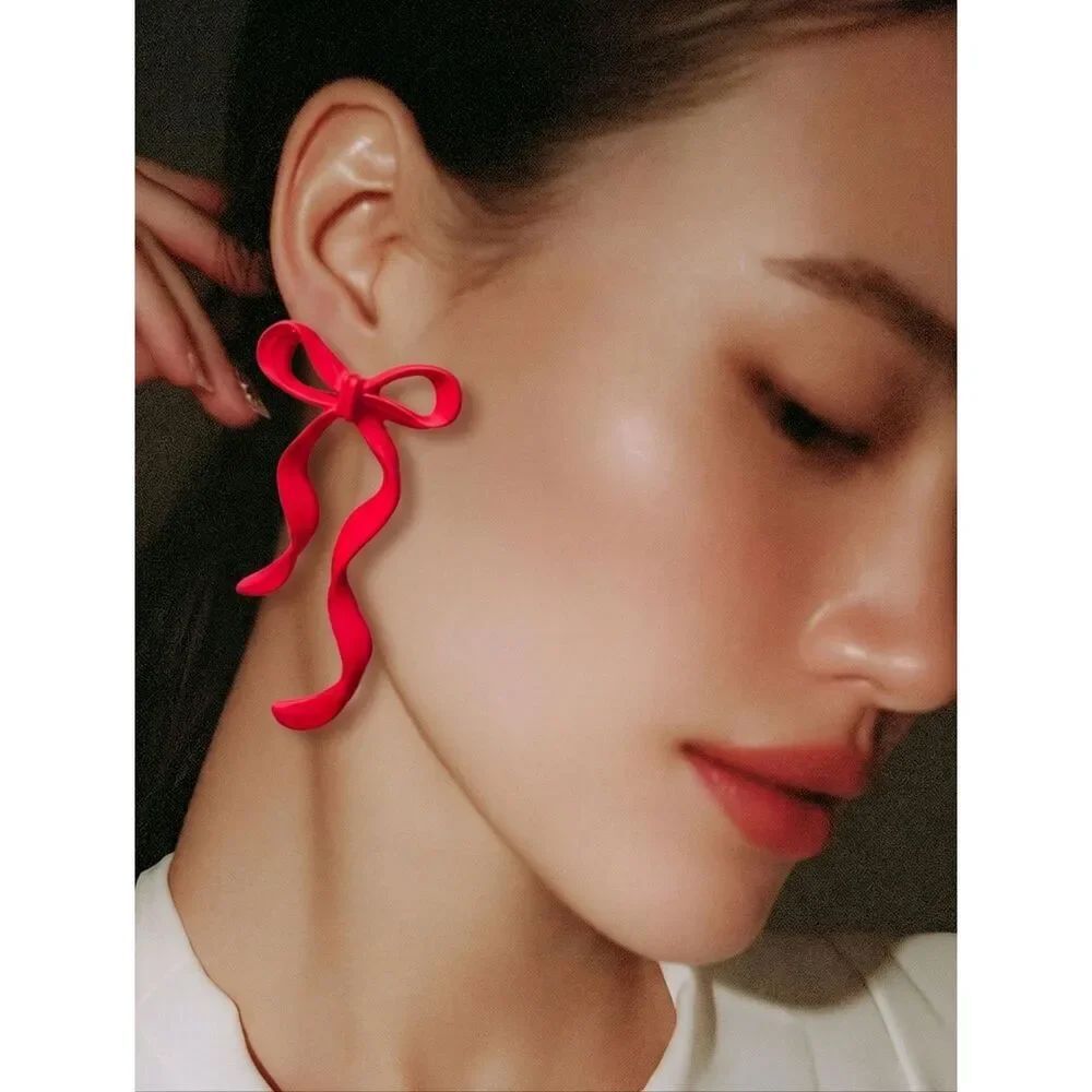 Cherry Red Bow Drop Earrings Matte Coquette Ribbon Oversized Statement Studs